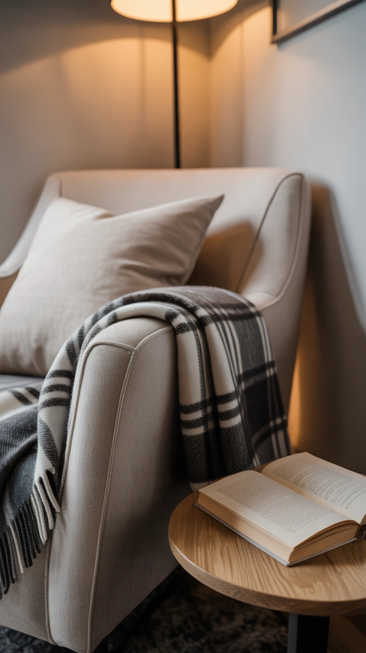 21 Amazing Cozy Corner Decorating Ideas for Small Homes 2 A close-up view of a cozy gray armchair in a corner with a plaid blanket, a black floor lamp, and a small wooden side table holding a book.