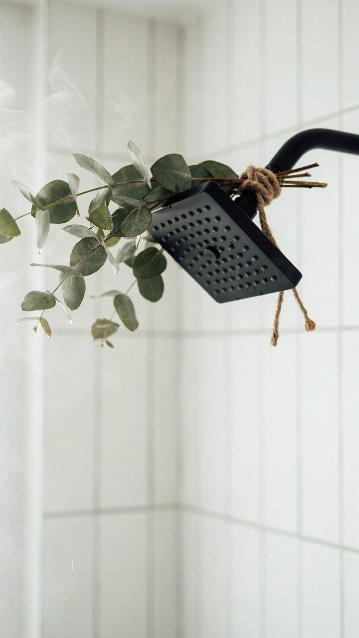 A close-up view of a matte black shower head with a fresh bunch of green eucalyptus branches tied neatly with twine, surrounded by clean white vertical tiles.