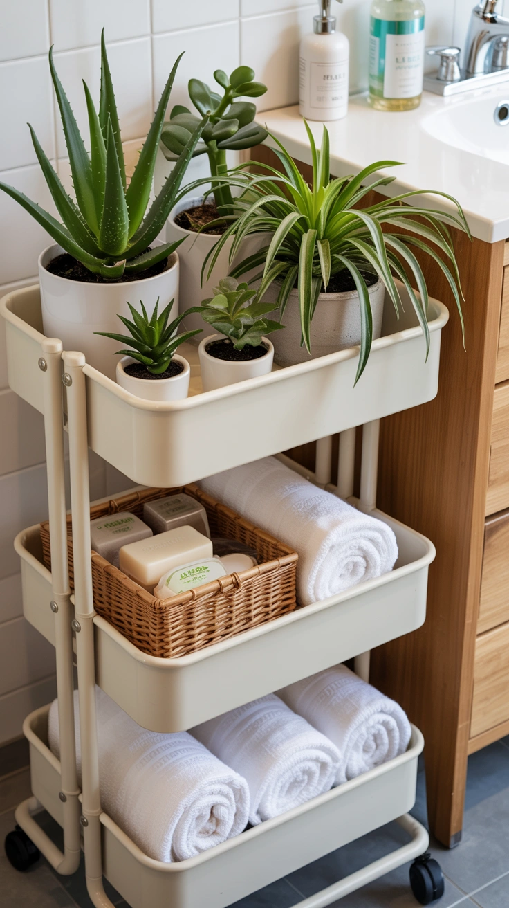 A white three-tier rolling metal cart with the top shelf filled with small potted aloe vera and spider plants.