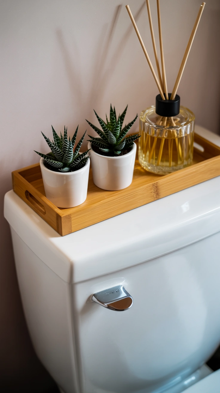 A narrow bamboo tray sitting on top of a white toilet tank, neatly holding two small textured succulents in white pots and a glass reed diffuser.