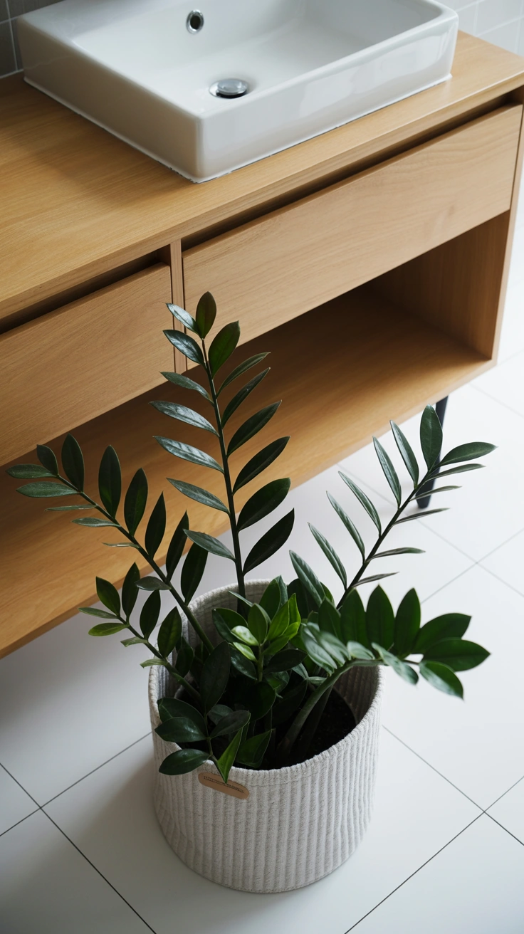 An open wood vanity sink with a glossy green ZZ plant resting in a textured gray basket underneath on the white tiled floor.