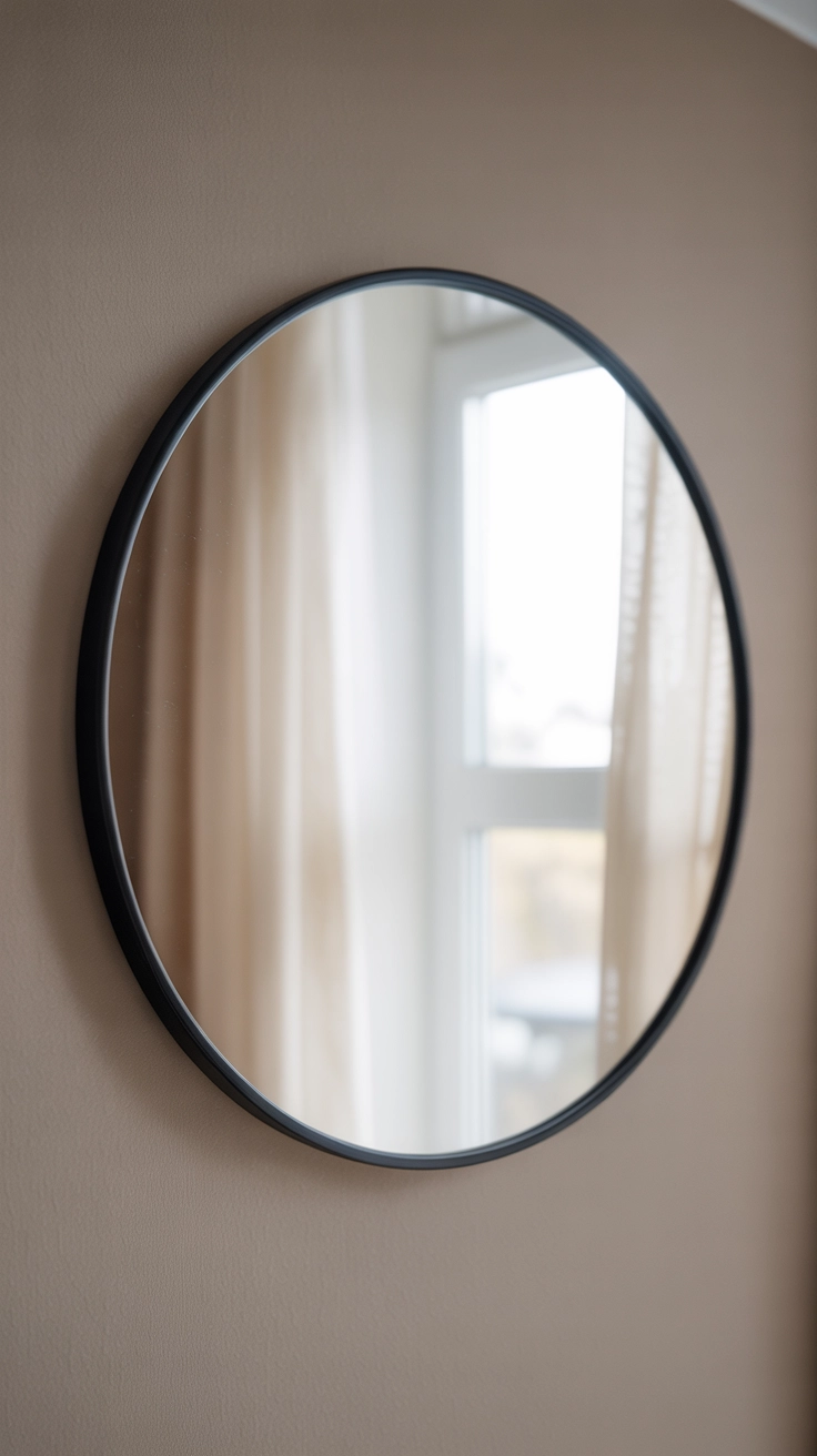 A large round mirror with a thin black metal frame hanging on a wall reflecting a window.