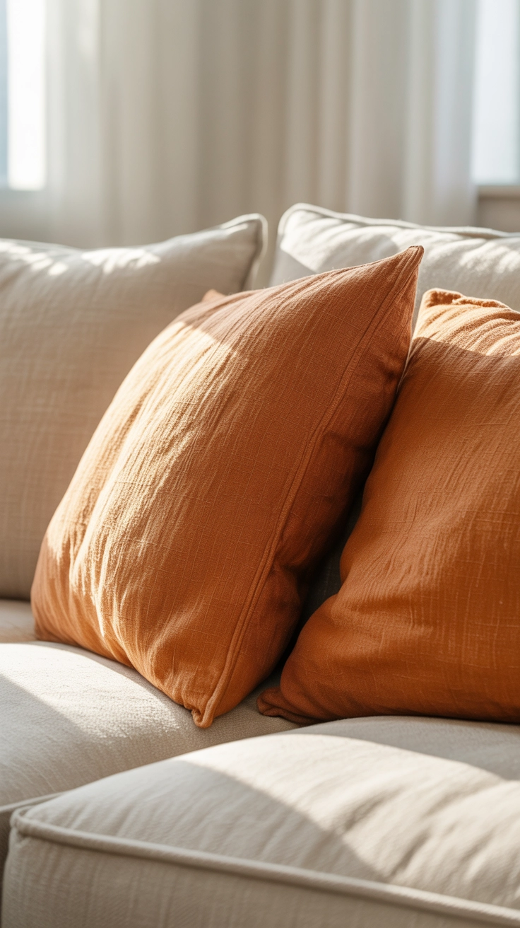 A close-up of a neutral linen sofa decorated with soft terracotta cotton throw pillows.
