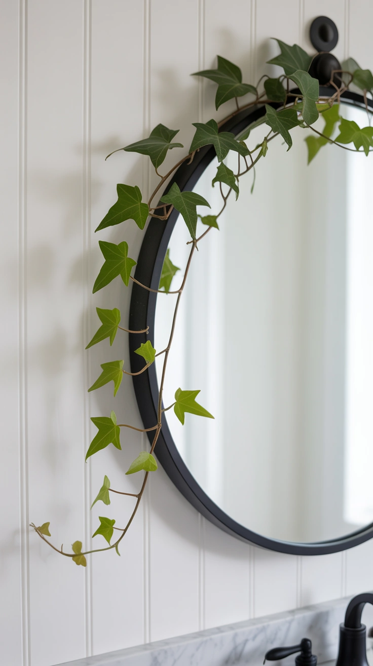 Delicate green English ivy vines trained to trail across the top edge of a round black-framed bathroom mirror.