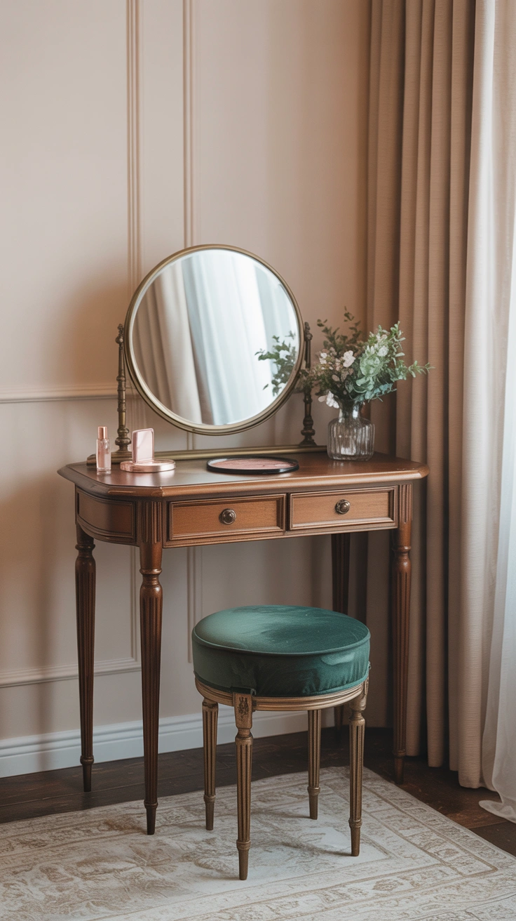 21 Amazing Cozy Corner Decorating Ideas for Small Homes 19 A vintage wooden vanity table with a brass tabletop mirror and an emerald green velvet stool tucked into a bedroom corner.