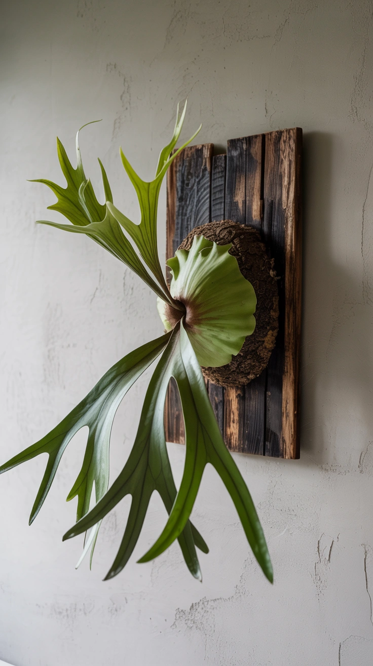 A unique staghorn fern mounted onto a rustic wooden board hanging on a bathroom wall as living artwork.