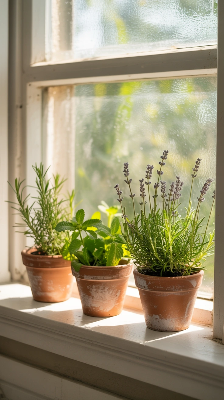 A row of three small terracotta pots containing fresh green herbs sitting on a bright bathroom window sill.