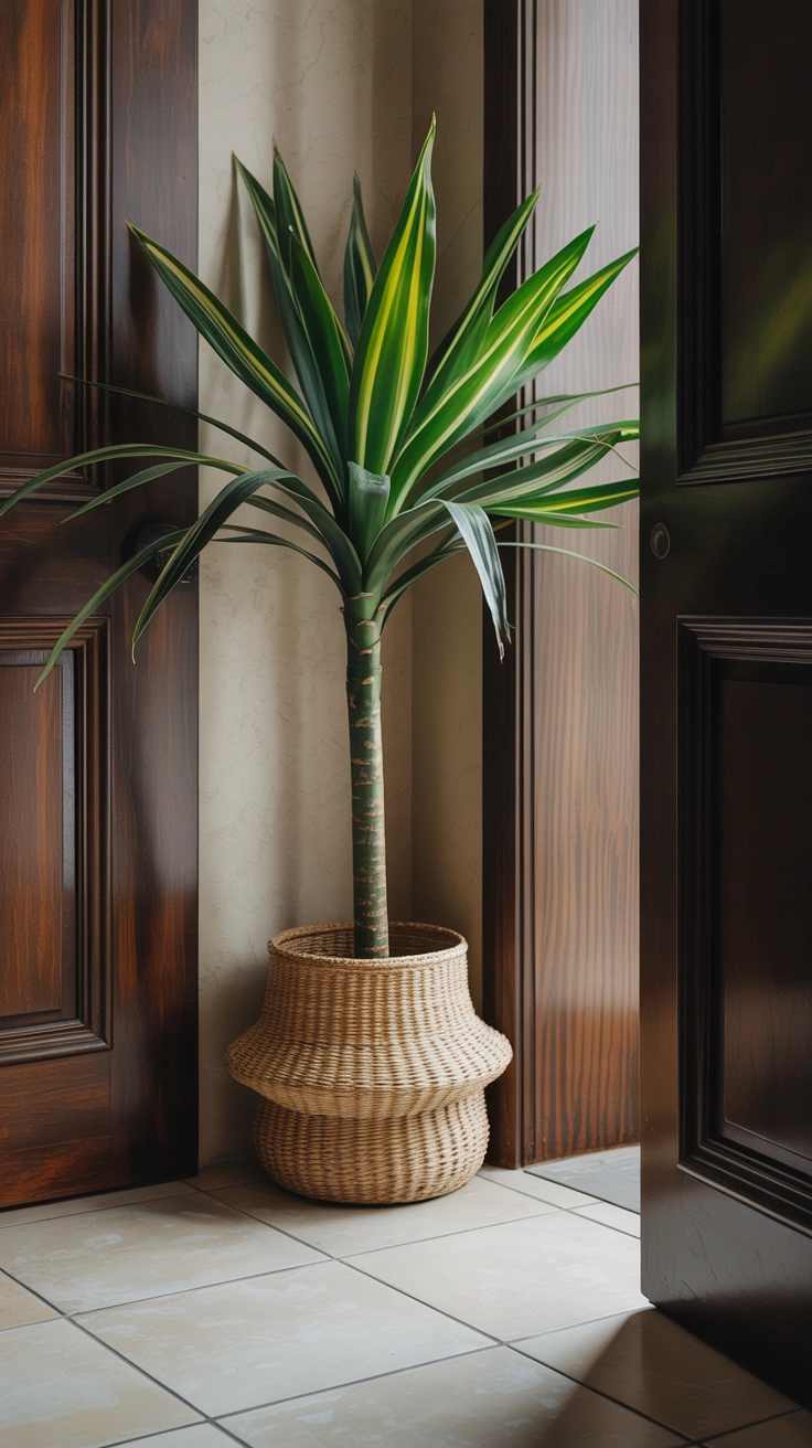 A tall, spiky dracaena plant with striped green leaves standing inside a woven belly basket next to a dark wood bathroom door.