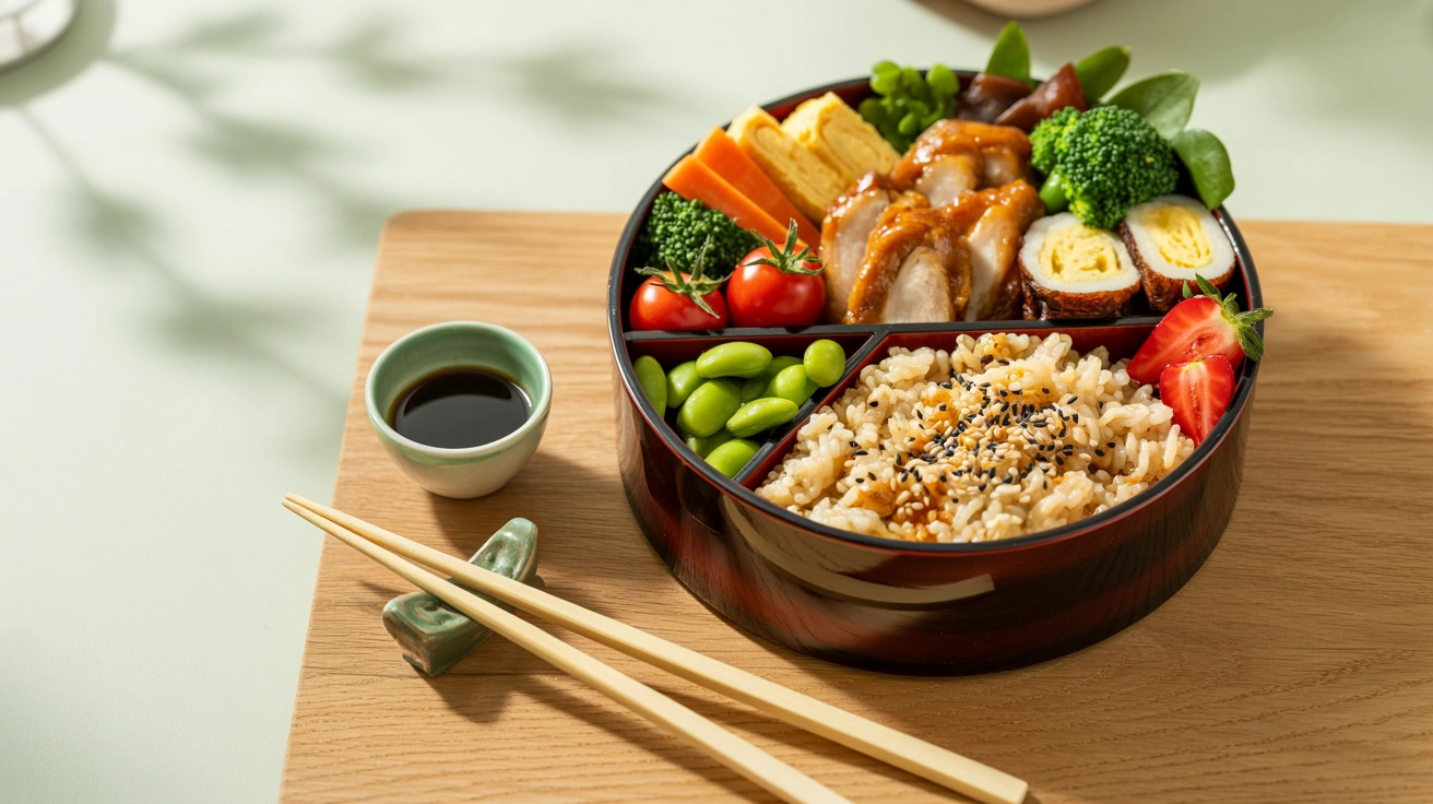 25 Easy Bento Box Meals for Lunch Every Day 1 A collection of colorful bento box meals packed with healthy chicken, vegetables, and rice.