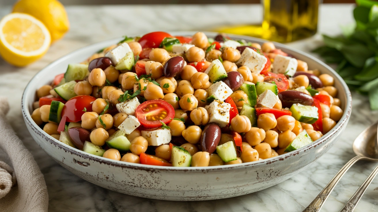 How to Make the Best Mediterranean Chickpea Salad 1 A large white bowl filled with a colorful Mediterranean chickpea salad featuring cucumbers, tomatoes, and feta on a marble countertop.