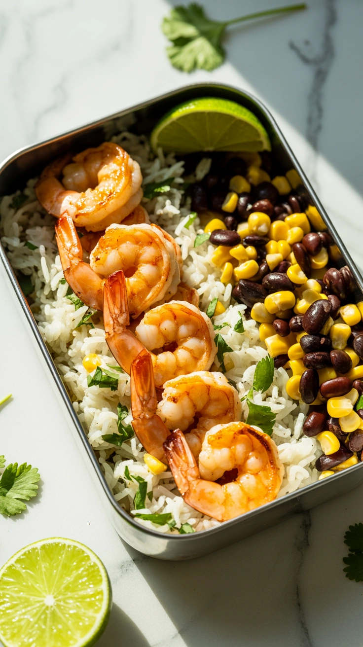 25 Easy Bento Box Meals for Lunch Every Day 10 Spicy chili lime shrimp over cilantro rice served with black bean corn salad in a bento container.