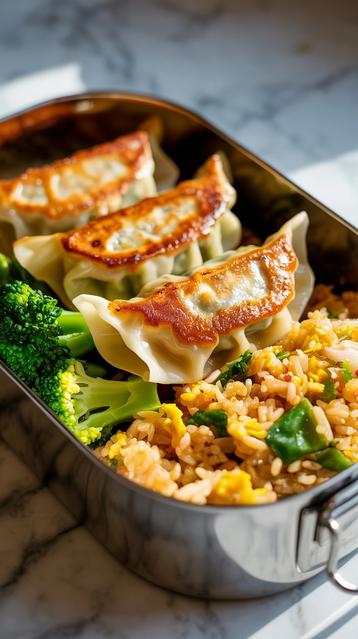 25 Easy Bento Box Meals for Lunch Every Day 15 Pan fried gyoza dumplings paired with vegetable fried rice and broccoli in a bento box.