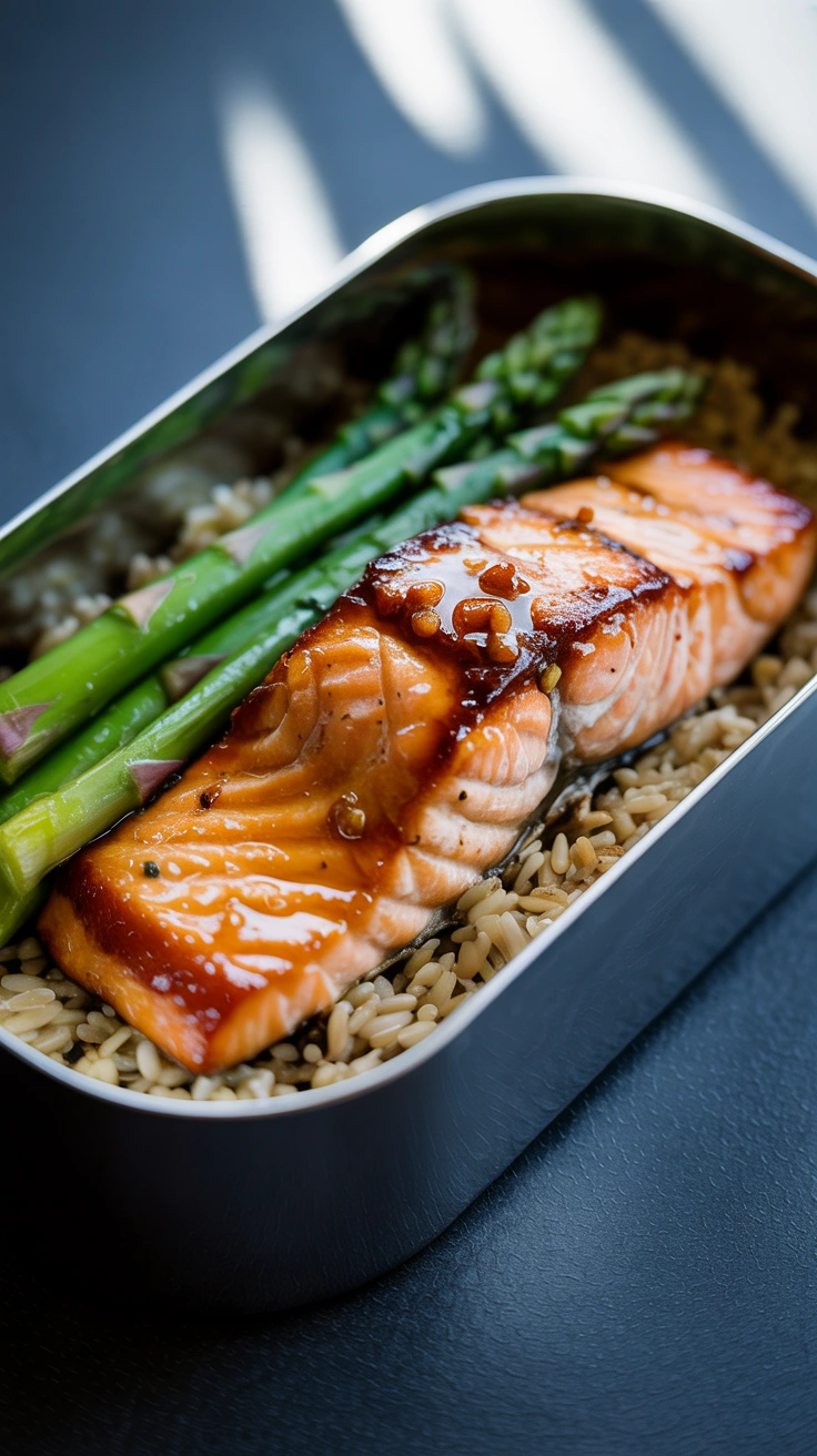 25 Easy Bento Box Meals for Lunch Every Day 24 Honey garlic glazed salmon fillet served with brown rice and steamed asparagus in a bento box.