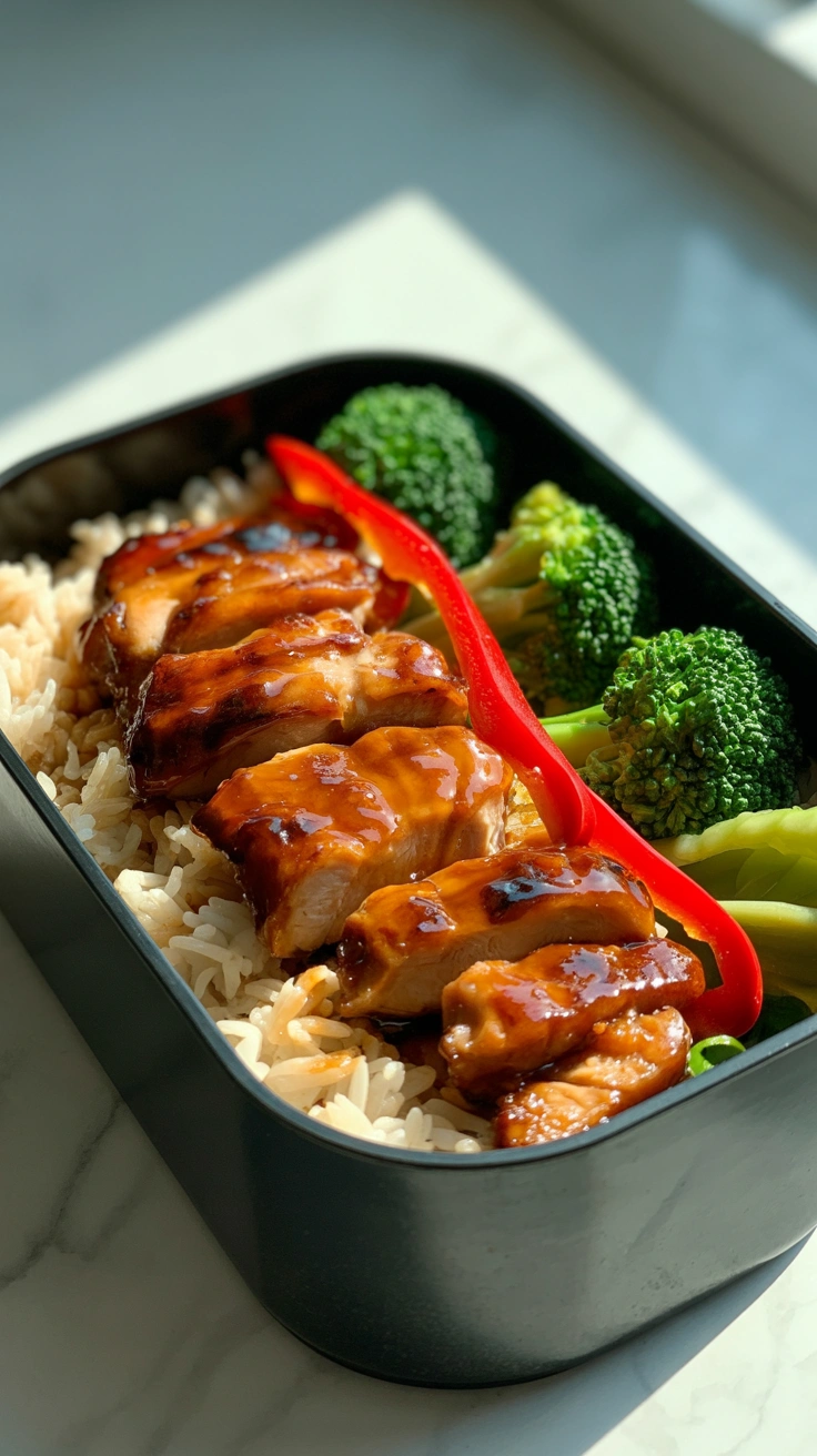 25 Easy Bento Box Meals for Lunch Every Day 2 Honey teriyaki chicken over white rice packed in a bento box with broccoli and red bell pepper slices.