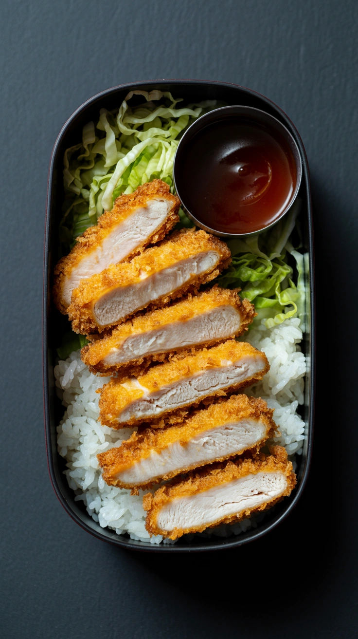 25 Easy Bento Box Meals for Lunch Every Day 5 Crispy sliced chicken katsu served over rice and shredded cabbage in a bento box.