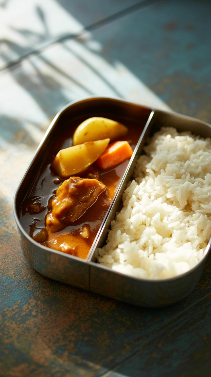25 Easy Bento Box Meals for Lunch Every Day 9 Japanese chicken curry with carrots and potatoes packed with white rice in a bento box.