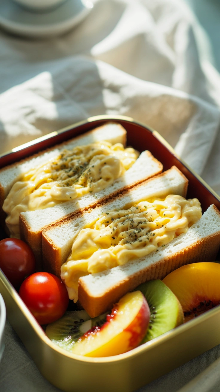 25 Easy Bento Box Meals for Lunch Every Day 26 Soft Japanese egg salad tamago sando sandwiches packed with fruit in a bento box.
