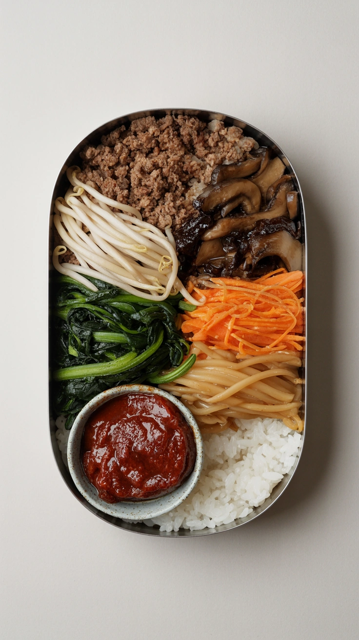 25 Easy Bento Box Meals for Lunch Every Day 25 Korean bibimbap bento box with arranged colorful sautéed vegetables and seasoned beef over rice.