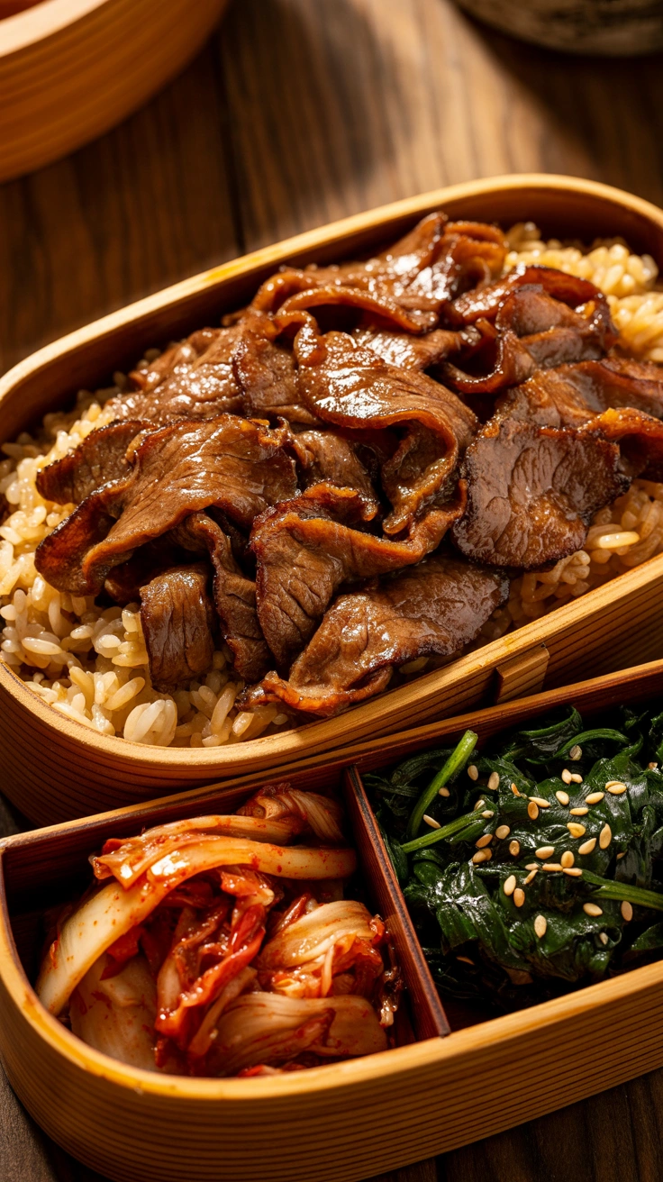 25 Easy Bento Box Meals for Lunch Every Day 7 Marinated Korean bulgogi beef over white rice with kimchi and spinach in a bento box.