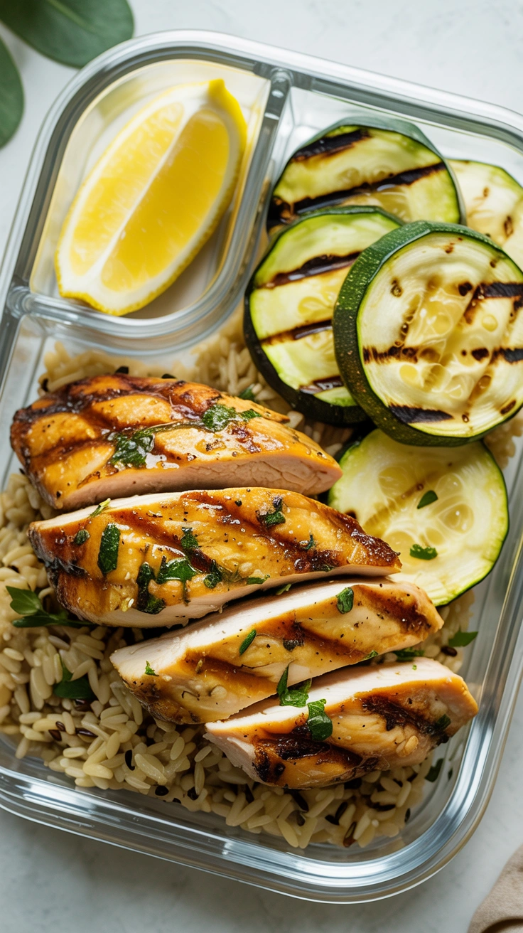 25 Easy Bento Box Meals for Lunch Every Day 16 Sliced grilled lemon herb chicken breast over wild rice with zucchini in a bento container.