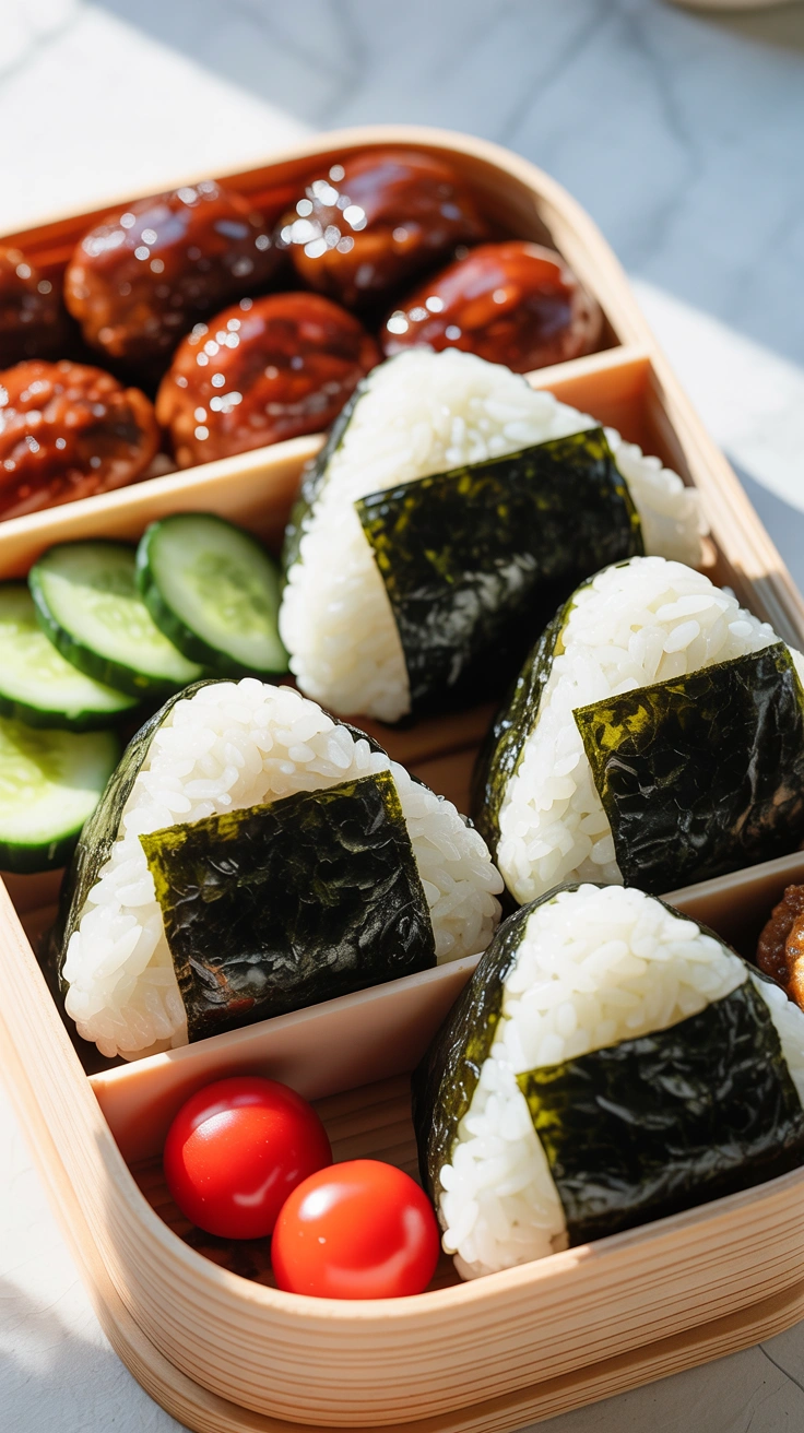 25 Easy Bento Box Meals for Lunch Every Day 11 Triangular onigiri rice balls and glazed brown meatballs packed in a lunch bento box.