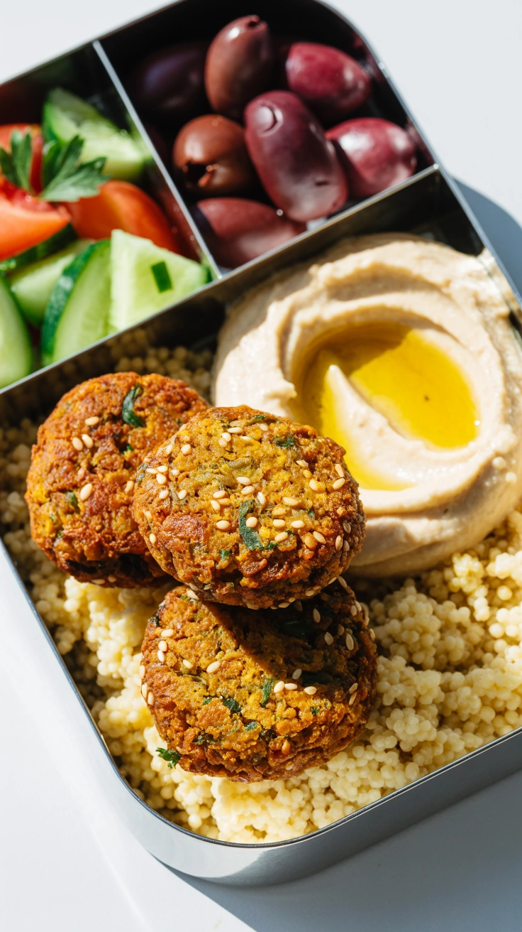 25 Easy Bento Box Meals for Lunch Every Day 19 Crispy falafel balls served with couscous, hummus, and cucumber salad in a bento box.