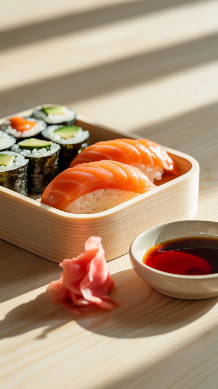 25 Easy Bento Box Meals for Lunch Every Day 6 Fresh salmon nigiri and sushi rolls arranged in a bento box with ginger and wasabi.