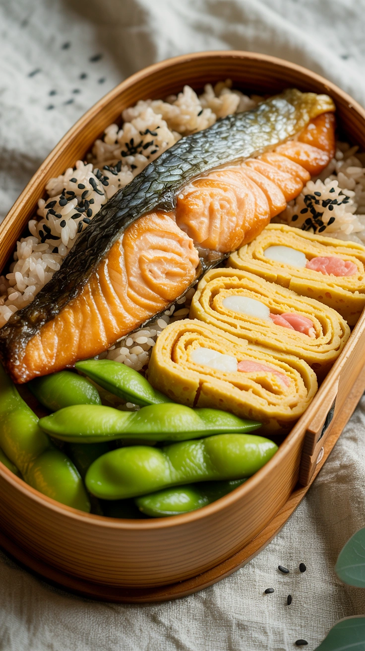 25 Easy Bento Box Meals for Lunch Every Day 8 Crispy salted salmon fillet served over rice with rolled omelet slices in a traditional bento.