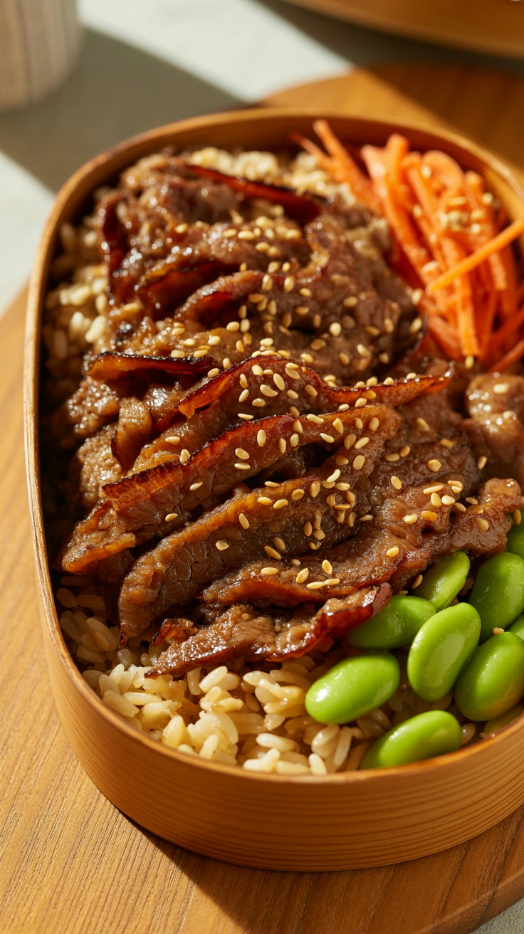 25 Easy Bento Box Meals for Lunch Every Day 3 Sliced sesame beef on brown rice with edamame and shredded carrots in a meal prep bento box.
