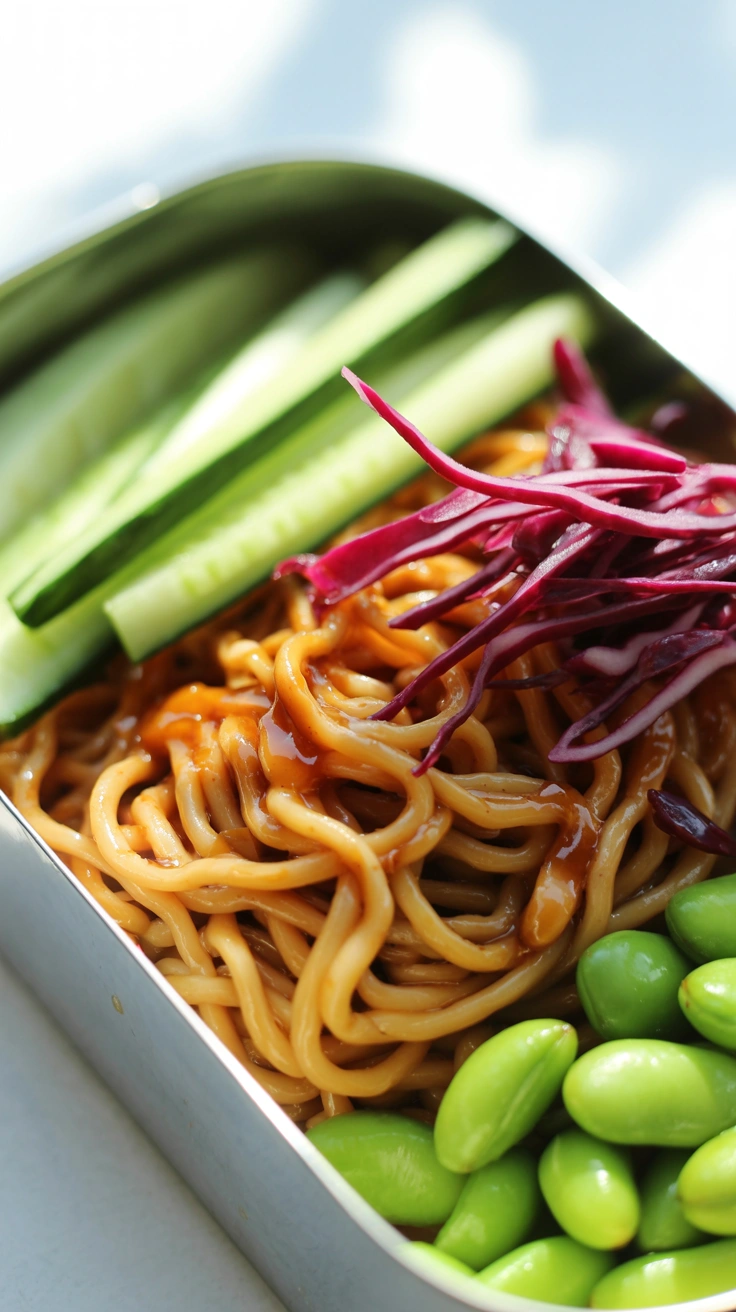 25 Easy Bento Box Meals for Lunch Every Day 23 Chilled noodles in peanut sesame sauce topped with cucumber and red cabbage in a bento box.