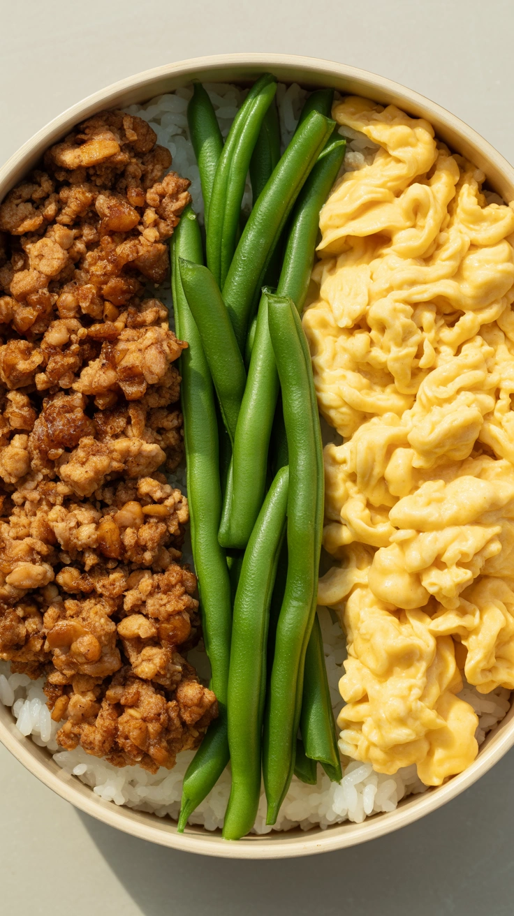 25 Easy Bento Box Meals for Lunch Every Day 14 Ground chicken and scrambled egg curds neatly divided over rice in a colorful soboro don bento.