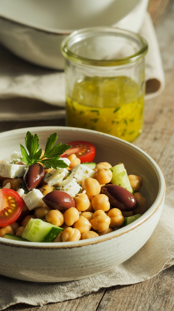 How to Make the Best Mediterranean Chickpea Salad 3 A single portion of chickpea salad in a small bowl next to a glass jar of homemade vinaigrette dressing.