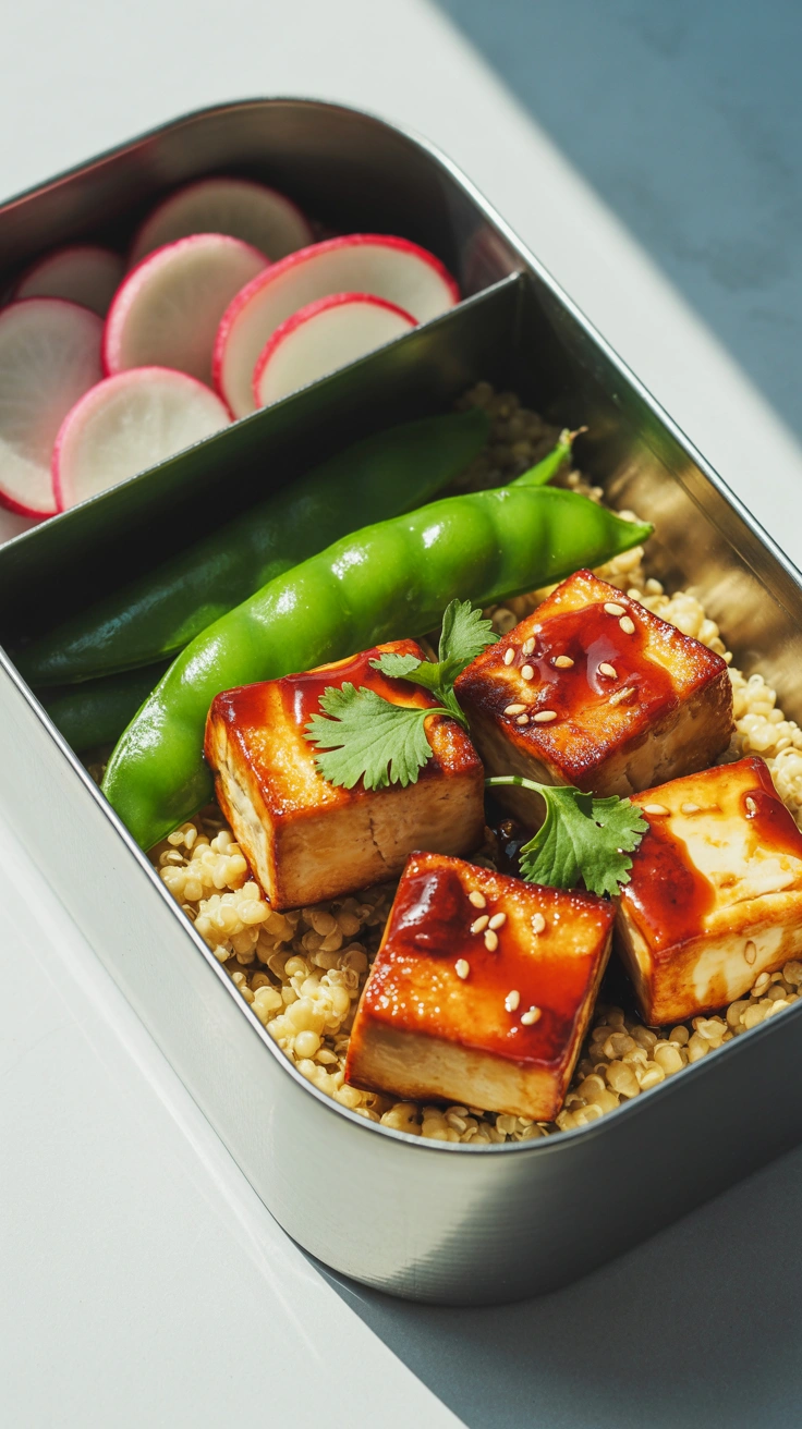 25 Easy Bento Box Meals for Lunch Every Day 4 Crispy baked sweet chili tofu over quinoa served with snap peas in a bento meal box.