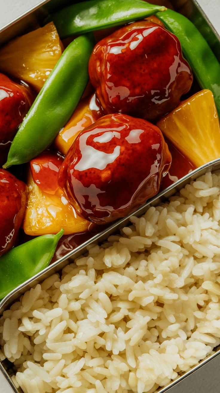 25 Easy Bento Box Meals for Lunch Every Day 22 Sweet and sour meatballs with pineapple tidbits and green peppers over rice in a bento box.