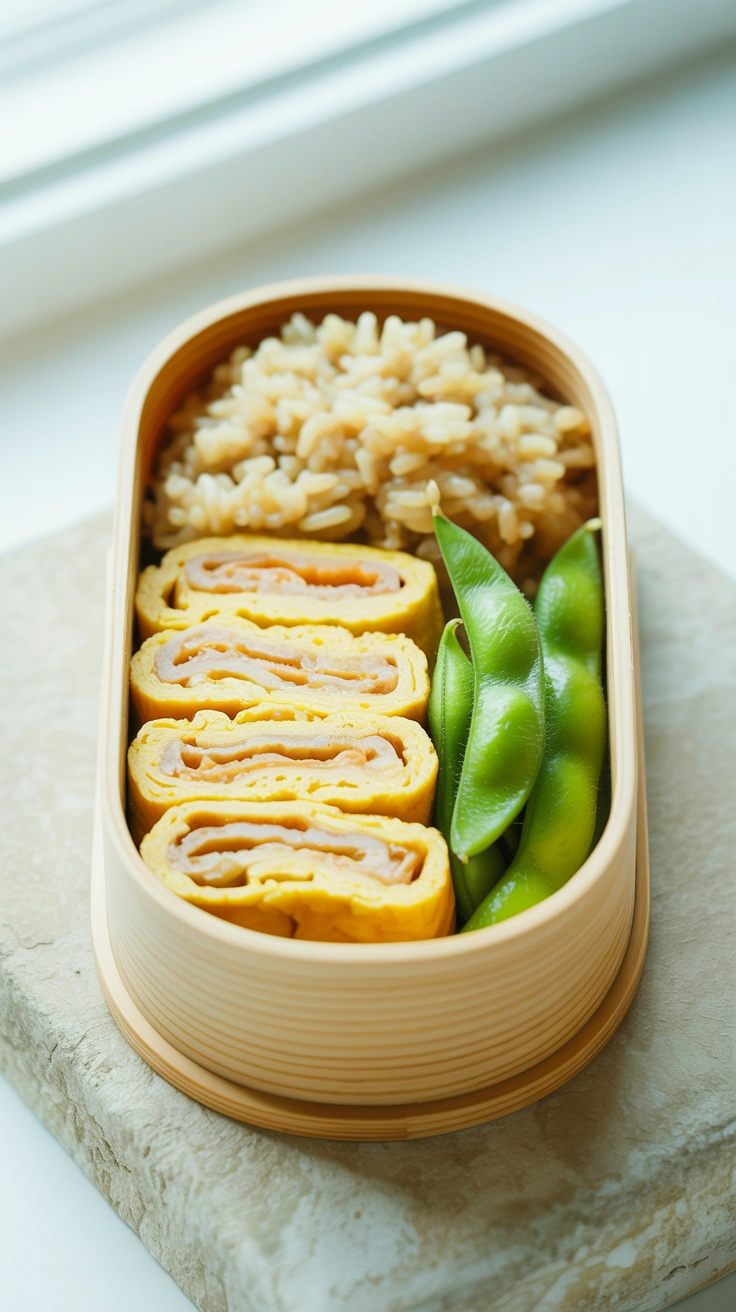 25 Easy Bento Box Meals for Lunch Every Day 13 Rolled Japanese tamagoyaki egg omelet slices with edamame pods and rice in a bento box.