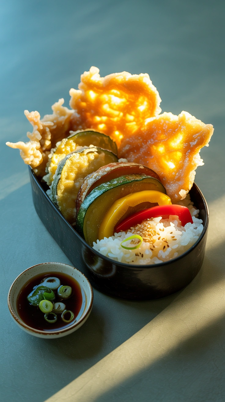 25 Easy Bento Box Meals for Lunch Every Day 17 Crisp vegetable tempura slices served over white rice with dipping sauce in a bento box.