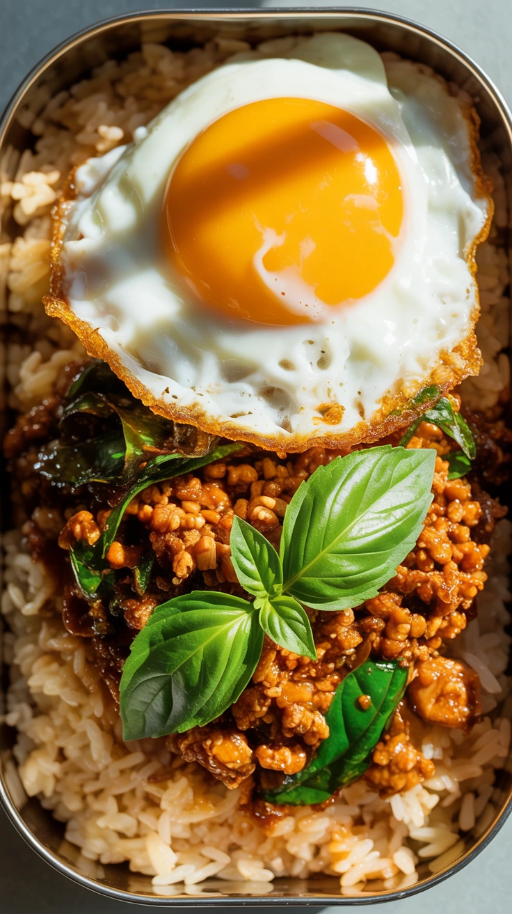25 Easy Bento Box Meals for Lunch Every Day 21 Spicy Thai basil ground chicken over jasmine rice topped with a fried egg in a bento box.