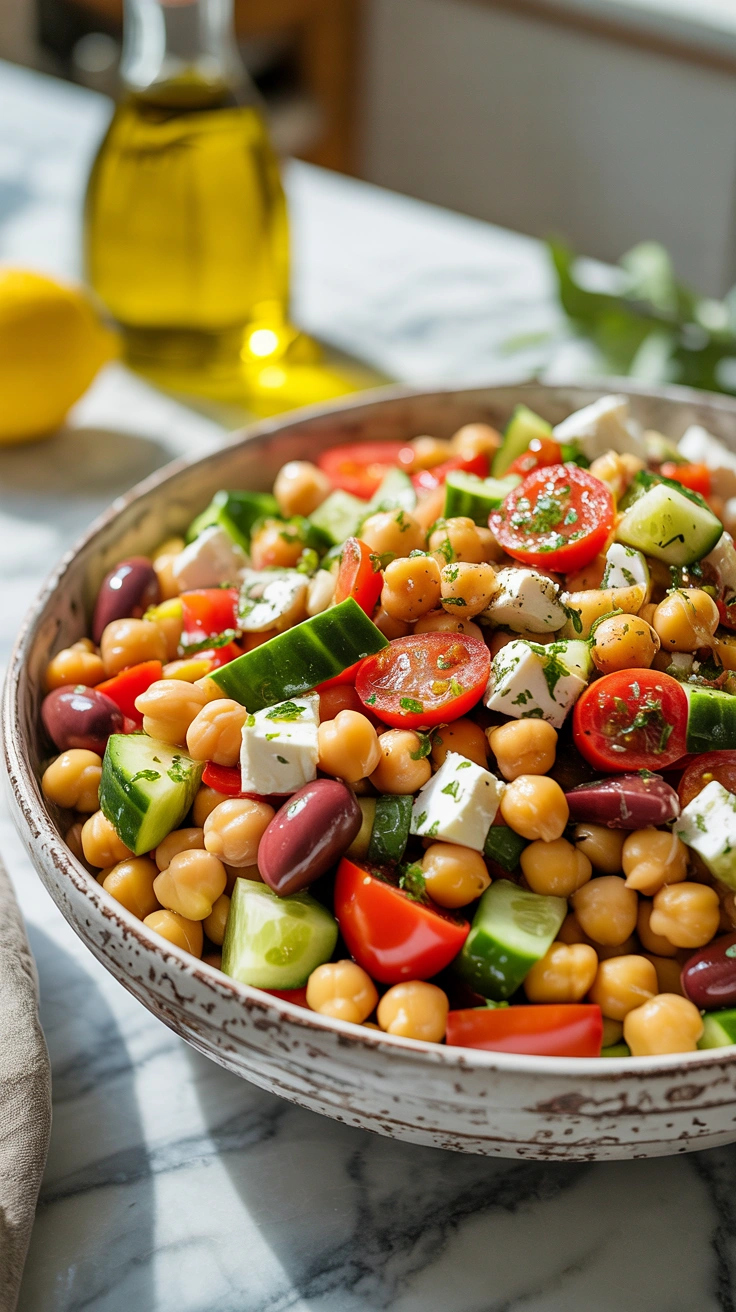 How to Make the Best Mediterranean Chickpea Salad 2 Fresh bowl of chickpea salad with cucumbers, tomatoes, and feta garnished with flat-leaf parsley on a neutral linen napkin.