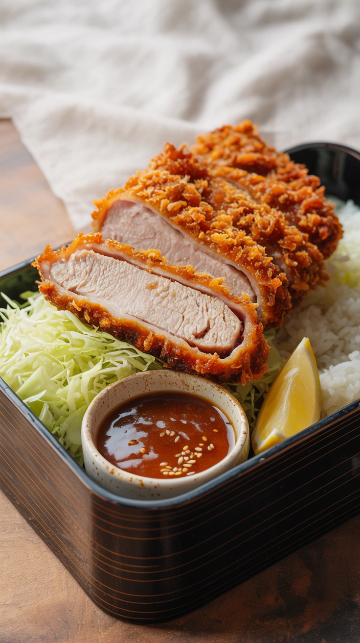 25 Easy Bento Box Meals for Lunch Every Day 18 Thick sliced crispy pork tonkatsu cutlet over white rice and cabbage in a bento box.