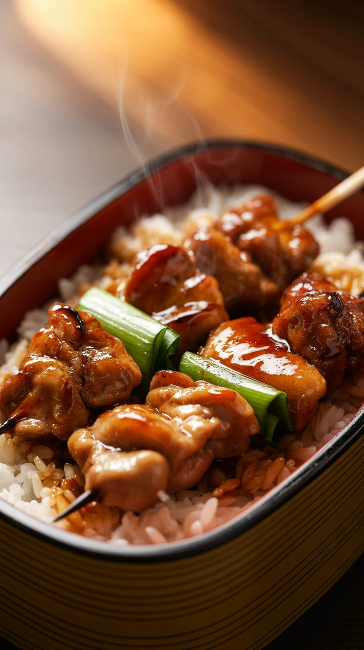 25 Easy Bento Box Meals for Lunch Every Day 20 Glazed grilled yakitori chicken and green onion skewers over white rice in a bento box.