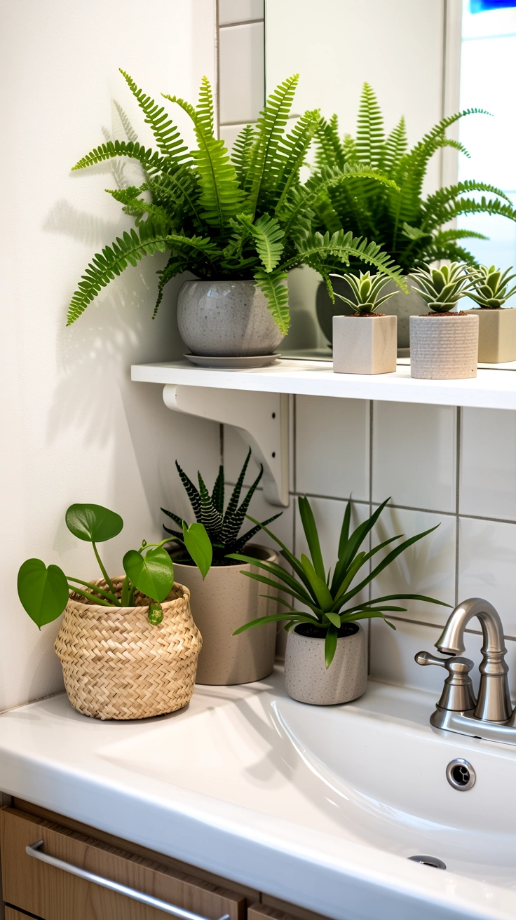 How to Decorate a Bathroom With Plants Without Making It Feel Cluttered 2 small bathroom plant arrangements on a vanity