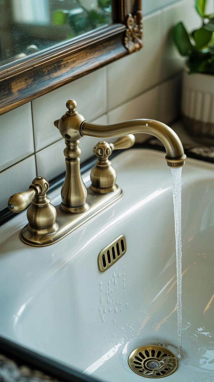 25 Cozy Farmhouse Bathroom Ideas With Rustic Charm 9 Antique brass bridge faucet installed on a ceramic bathroom sink.