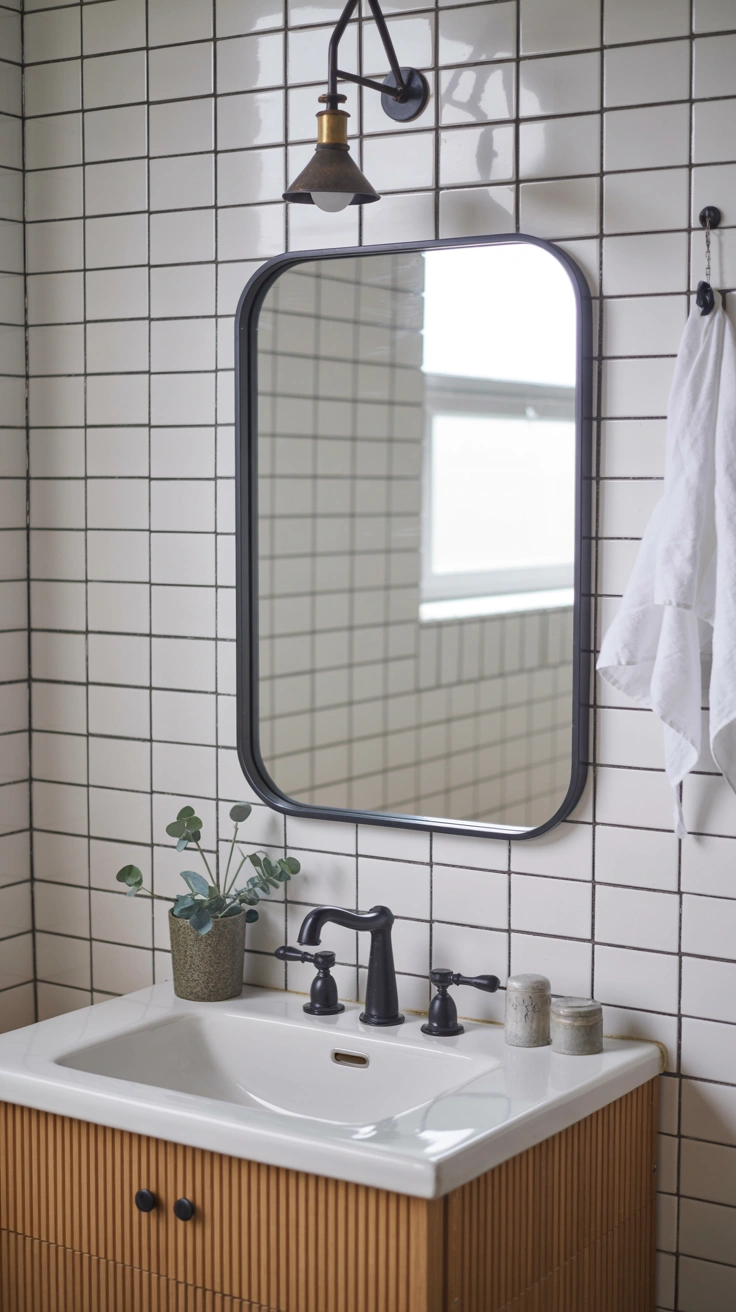 25 Cozy Farmhouse Bathroom Ideas With Rustic Charm 8 Modern rectangular matte black metal mirror above a farmhouse sink.