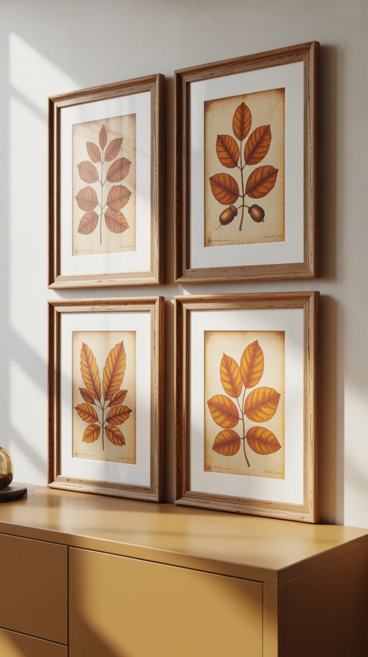 21 Earthy Fall Living Room Ideas for a Warm and Cozy Home 21 A set of four oak-framed autumn leaf botanical art prints arranged in a grid on a wall.