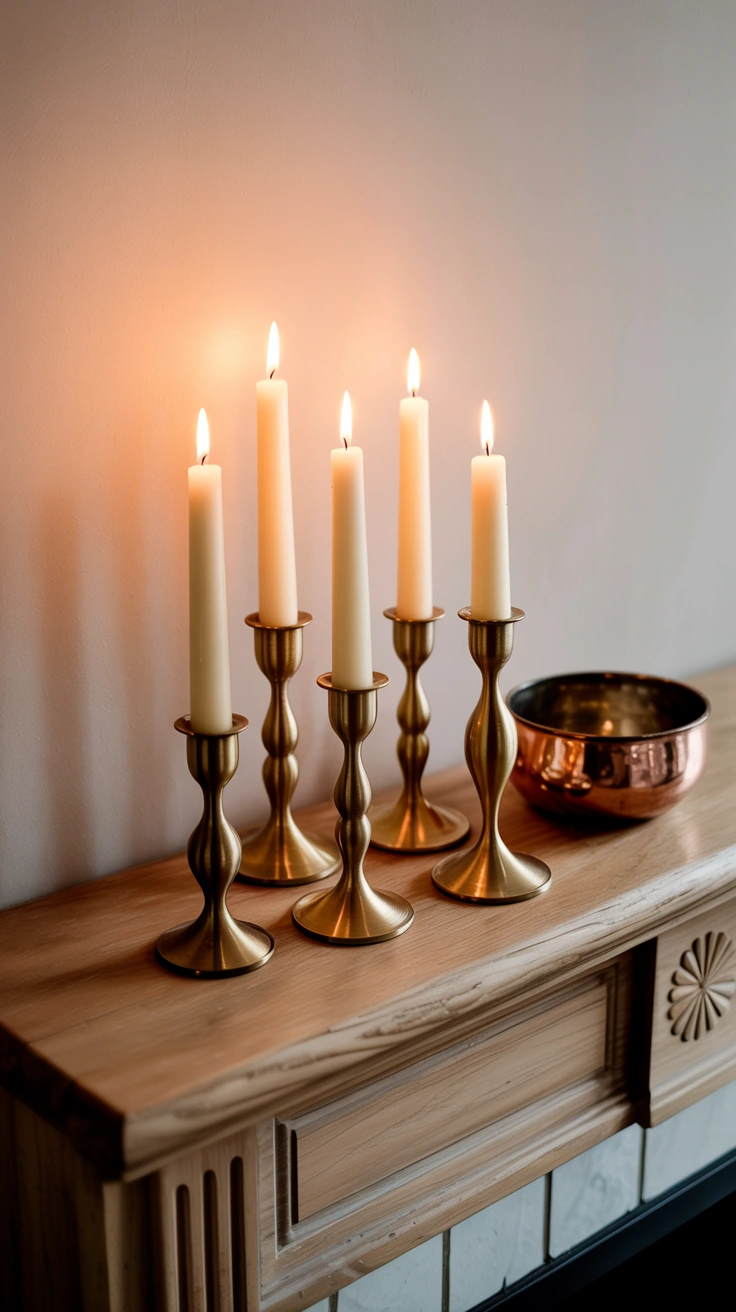 21 Earthy Fall Living Room Ideas for a Warm and Cozy Home 24 Vintage brass candlestick holders and a small copper bowl arranged on a mantelpiece.