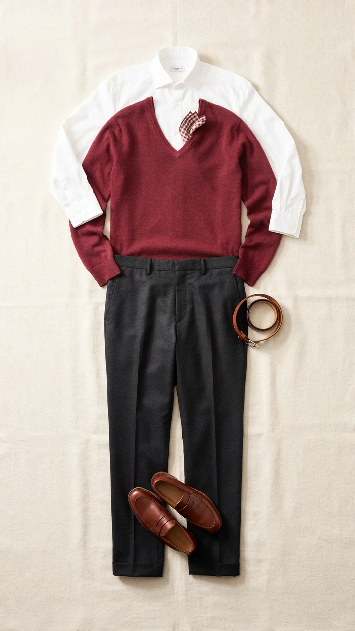 25 Fall Outfits That Make Getting Dressed So Easy 22 White collared shirt under a burgundy V-neck sweater with slim black pants.