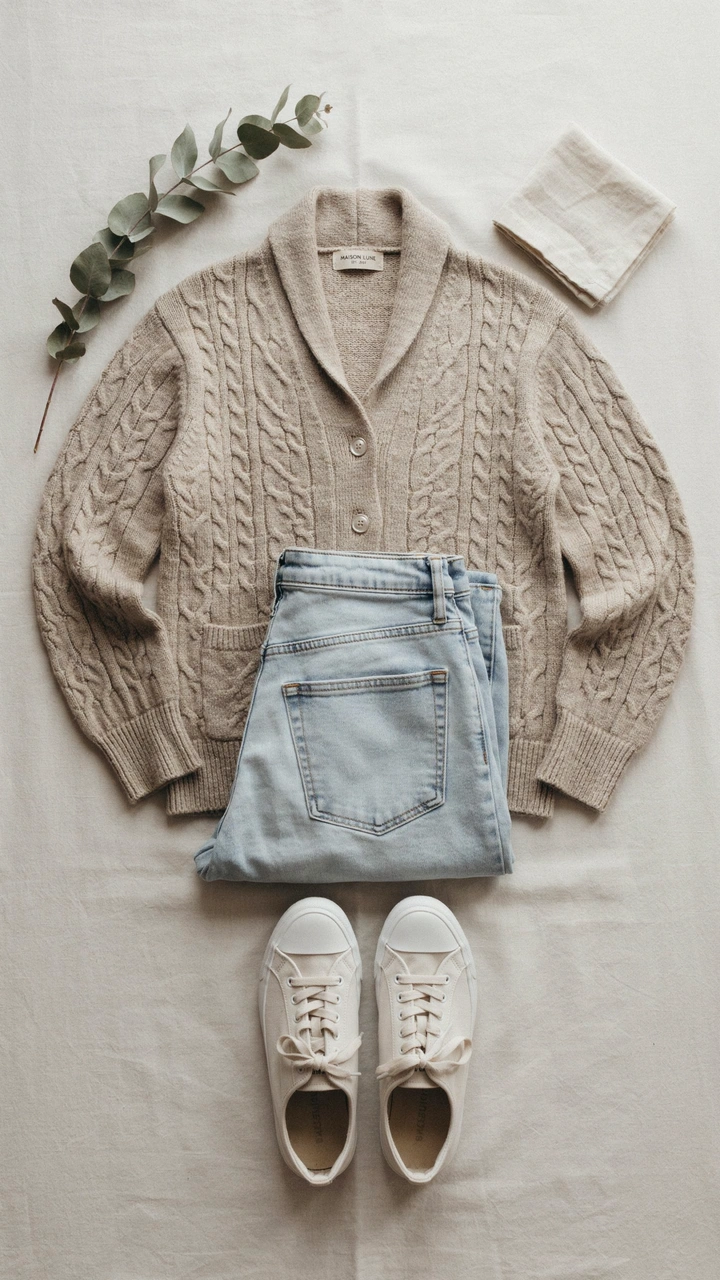 25 Fall Outfits That Make Getting Dressed So Easy 24 Oat cable-knit cardigan paired with light-wash straight jeans and white sneakers.