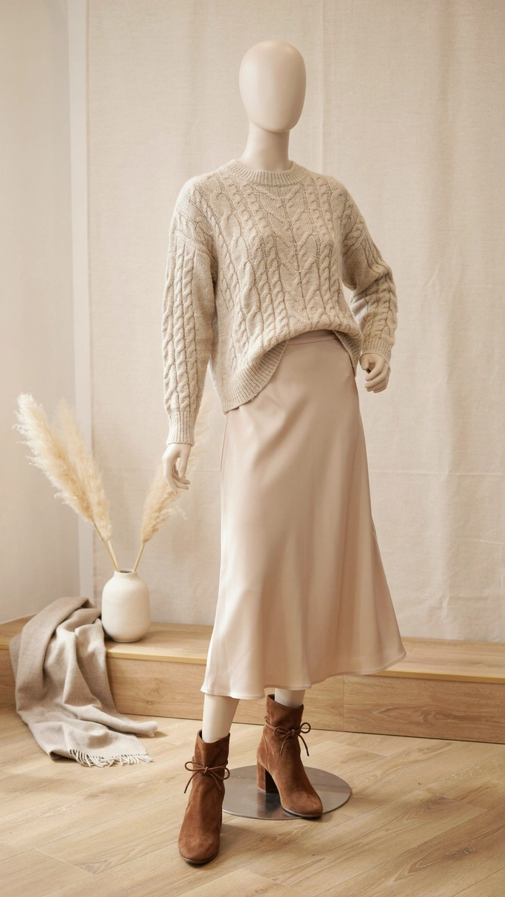 25 Fall Outfits That Make Getting Dressed So Easy 4 A cozy cream cable-knit sweater paired with a champagne satin midi skirt and suede boots.