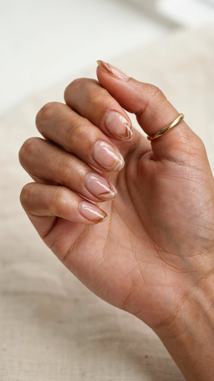 21 Cozy Fall Nail Ideas for a Warm Seasonal Look 4 Hand displaying cinnamon brown swirl french tip nail art.