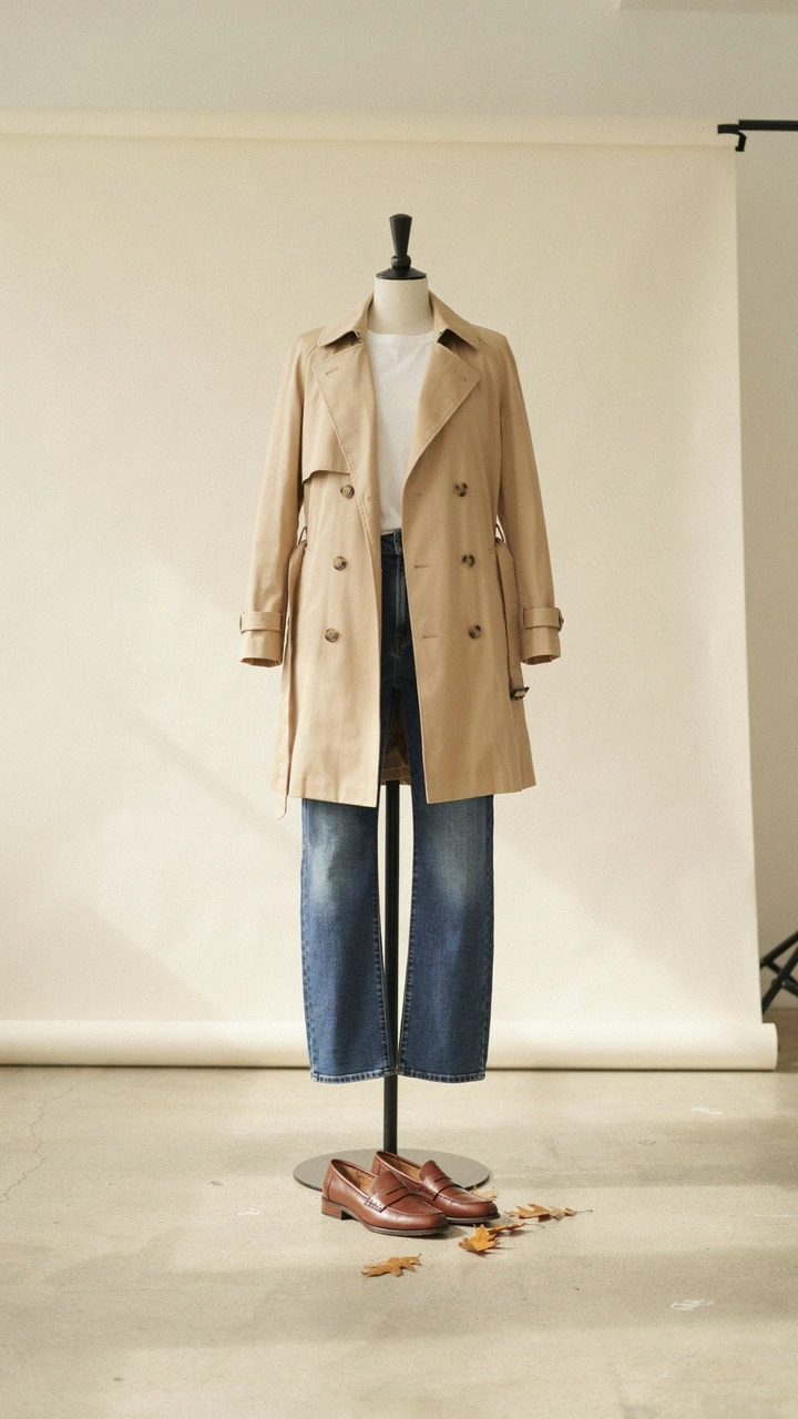 25 Fall Outfits That Make Getting Dressed So Easy 2 A stylish fall outfit featuring a beige trench coat, blue jeans, and brown leather loafers.